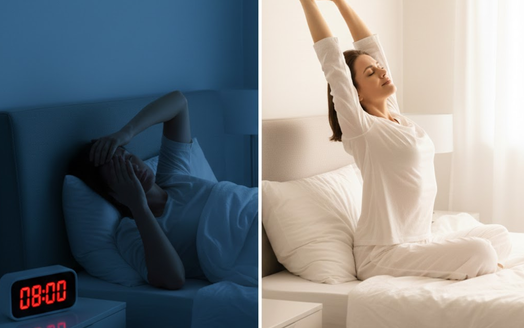 Links foto met persoon dat nog ligt en rechts foto met persoon dat opstaat