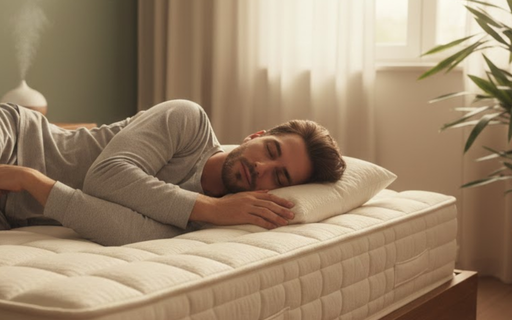 Man ligt op matras met ogen dicht