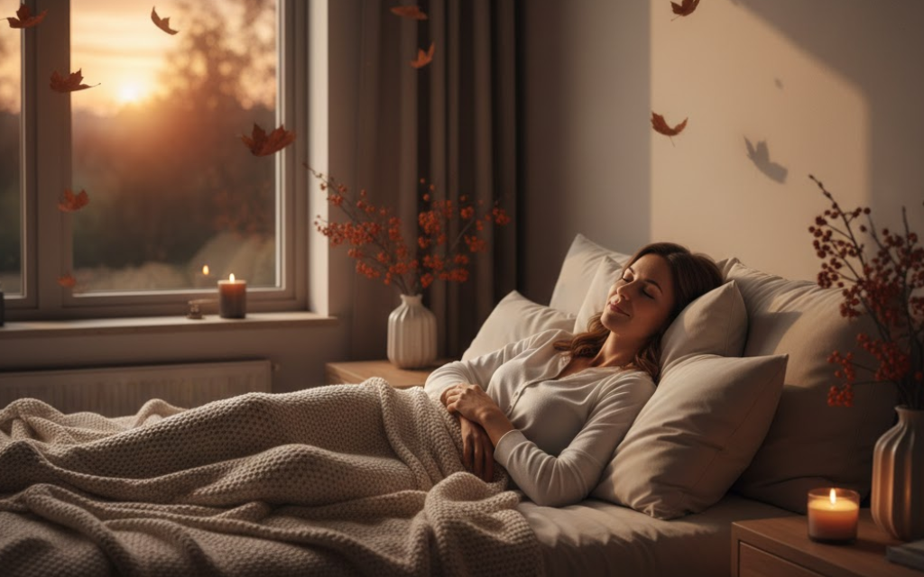 Herfst afbeelding waarbij een vrouw ligt te slapen