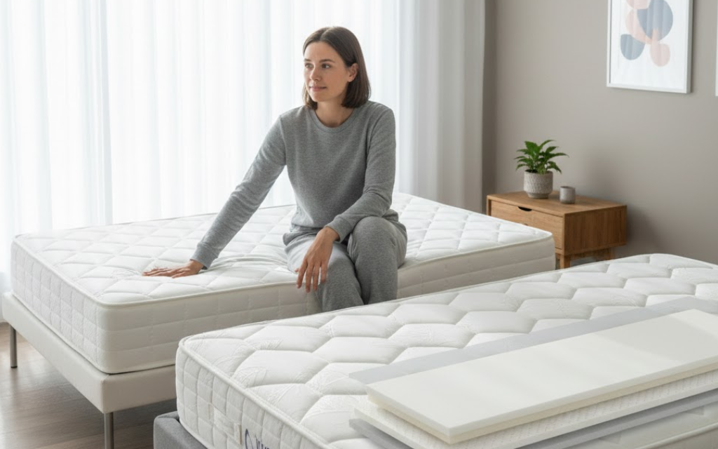 Een vrouw die op een matras van een bed zit