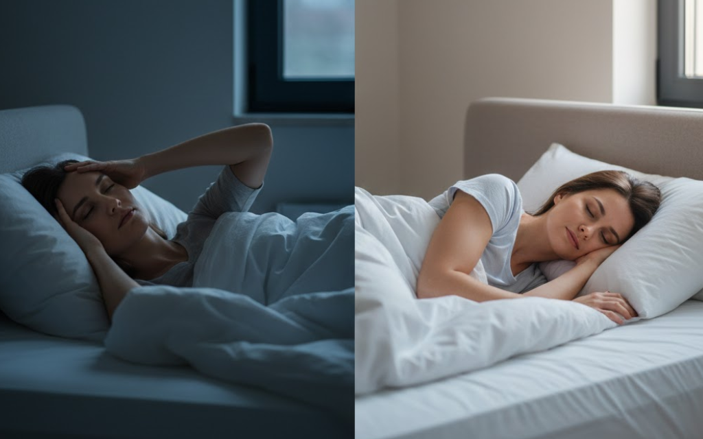 twee afbeelding met vrouwen die in bed liggen waarvan de rechter afbeelding de slapenloosheid overwint