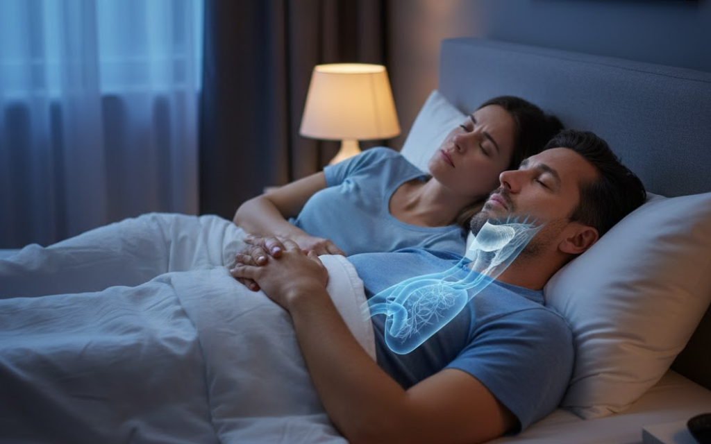 couple in bed waarbij de man snurkt