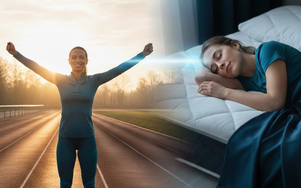 Sportvrouw op ren parkour en slapende vrouw