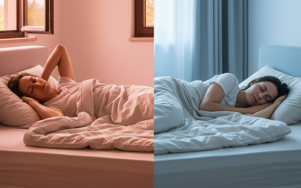 Linkerkant persoon die te warm slaapt rechterkant persoon die cool slaapt