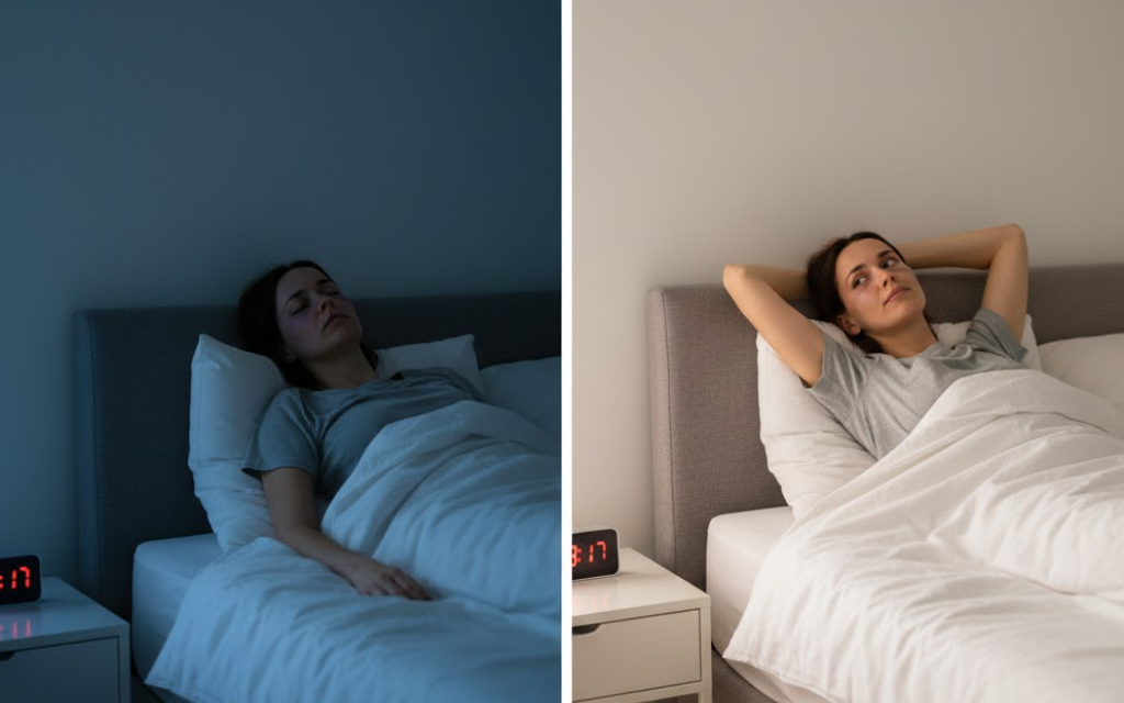 linkerkant vrouw die slaapt rechterkant vrouw die wakker is