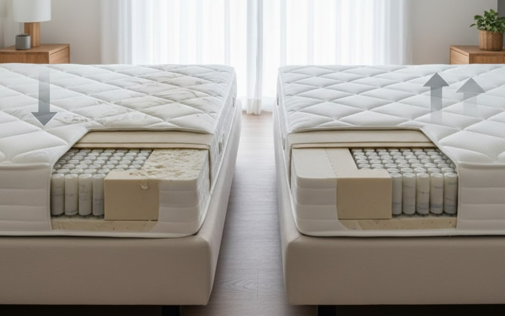 Voorbeerd van een gebruikt matras en een nieuw matras