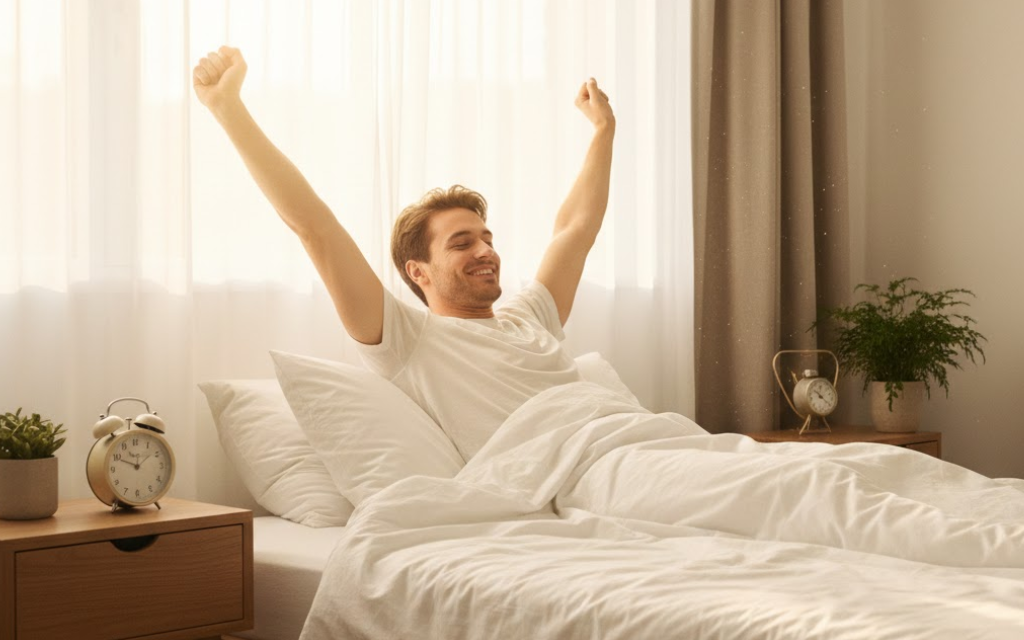 Man die wakker wordt in de ochtend en zich uitrekt