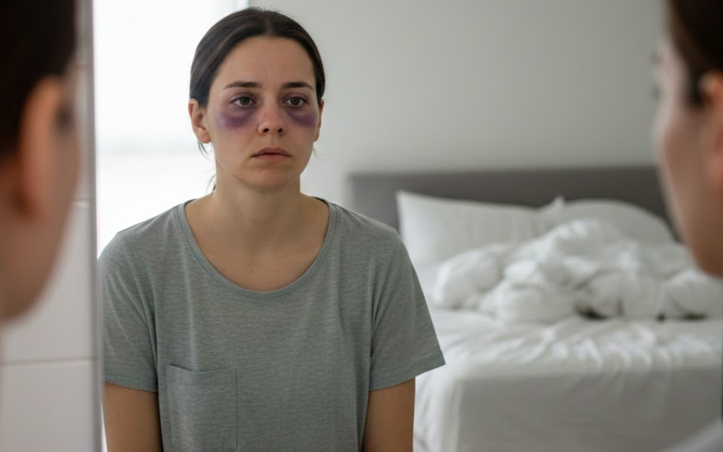 Vrouw die in de spiegel kijkt met wallen onder haar ogen