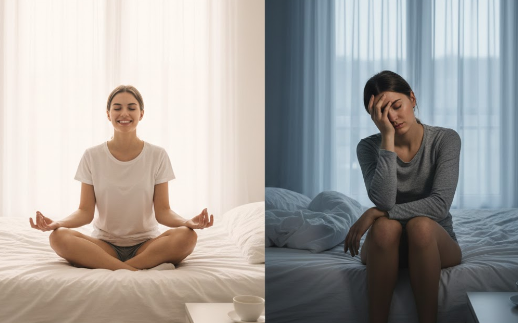 Links uitgerust persoon en rechts een vermoeid persoon