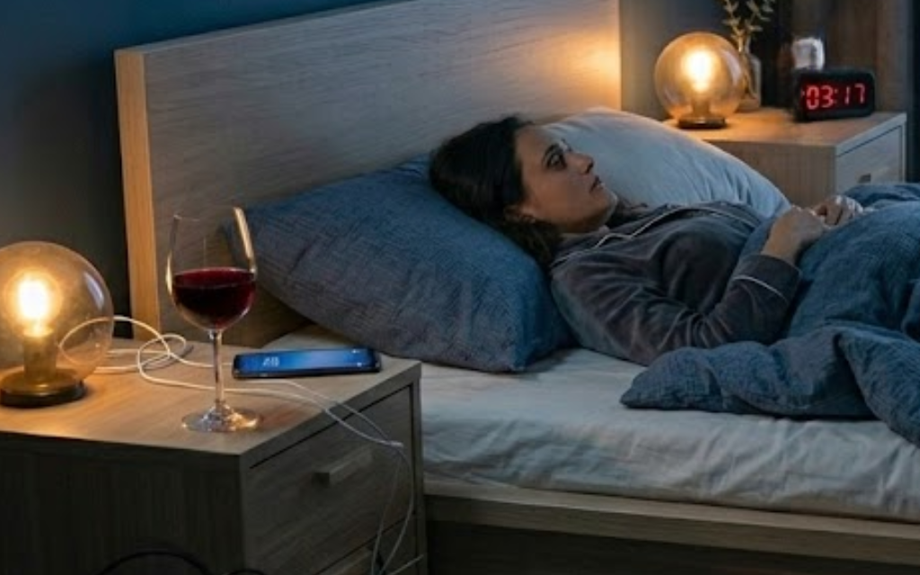 Vrouw ligt op bed met wijnglas