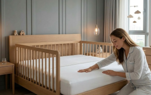 Vrouw laat baby bed zien