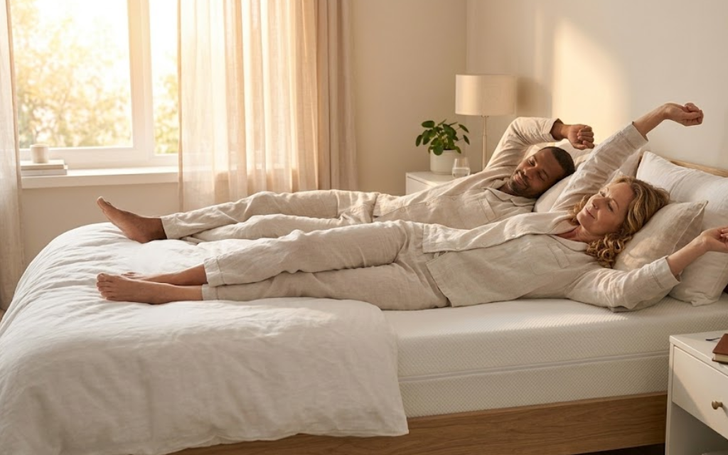 Couple wordt wakker en rekken zich uit