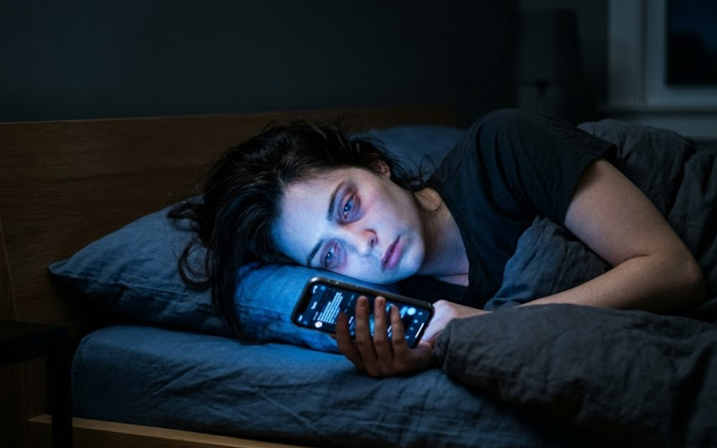Damen die wakker ligt in bed door haar telefoon