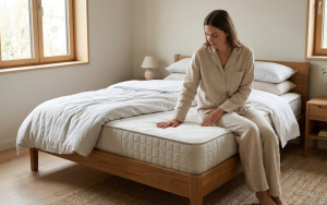 Vrouw zit op bed