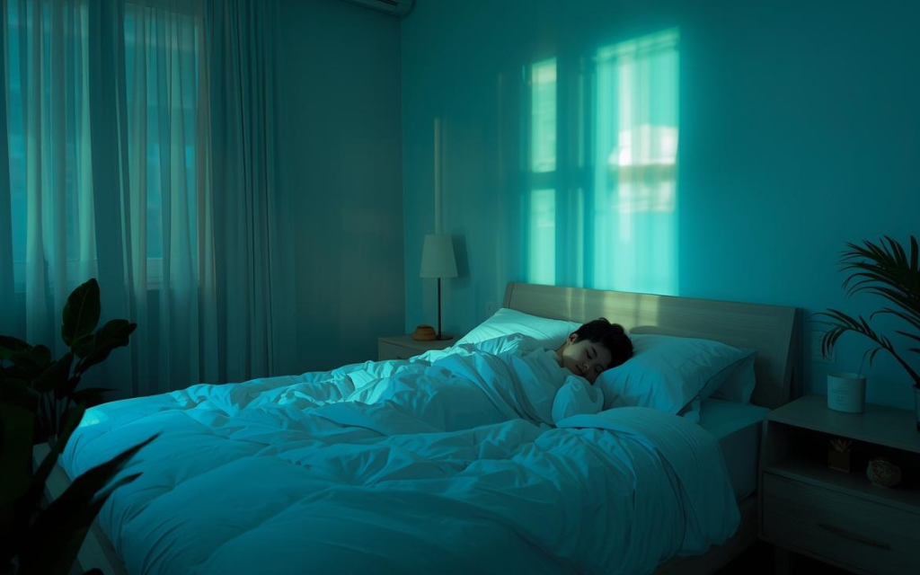 Een slaapkamer met blauw licht