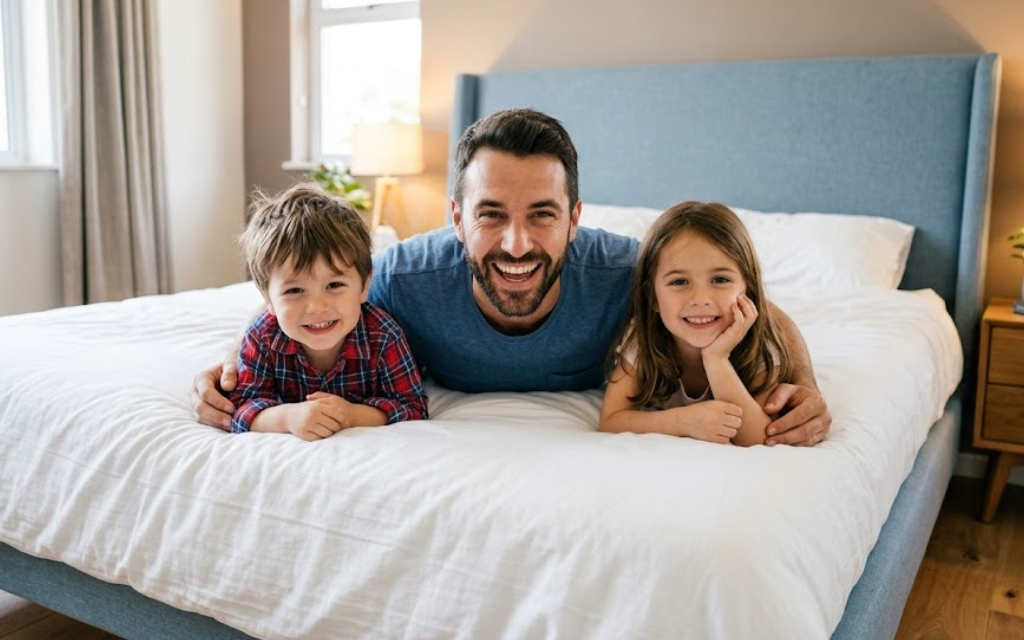 Man en kinderen liggen op bed