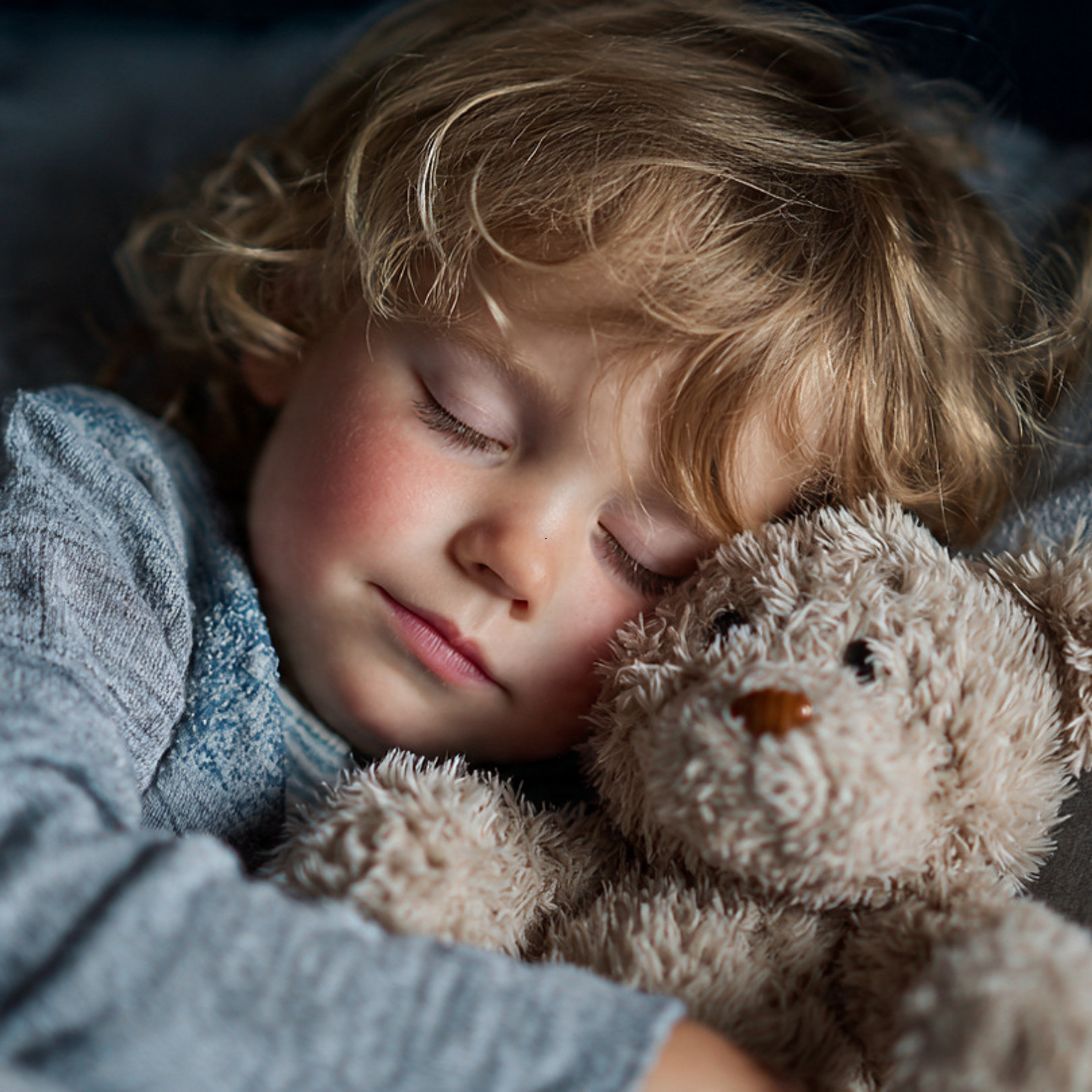Kind ligt te slapen met teddybeer - goede nachtrust zorgt later voor minder eetlust