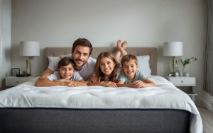 4 gezinsleden op een bed