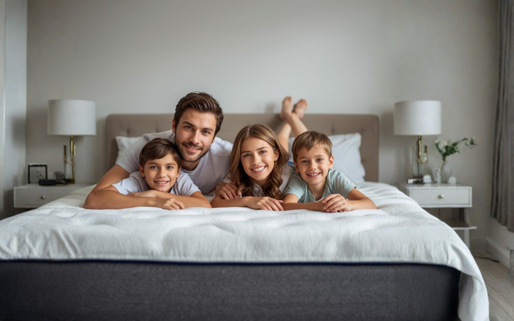 4 gezinsleden op een bed