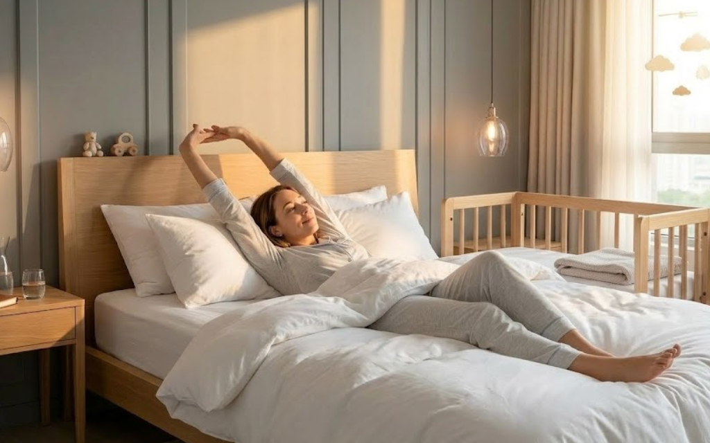 Vrouw die wakker wordt en zich uitrekt