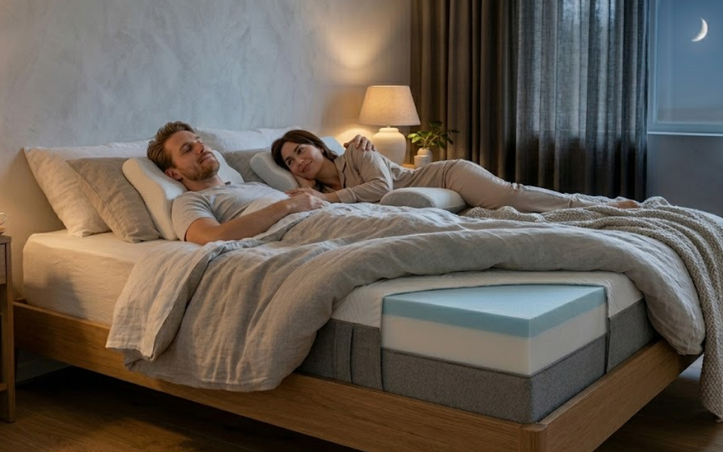 man en vrouw liggen samen op bed