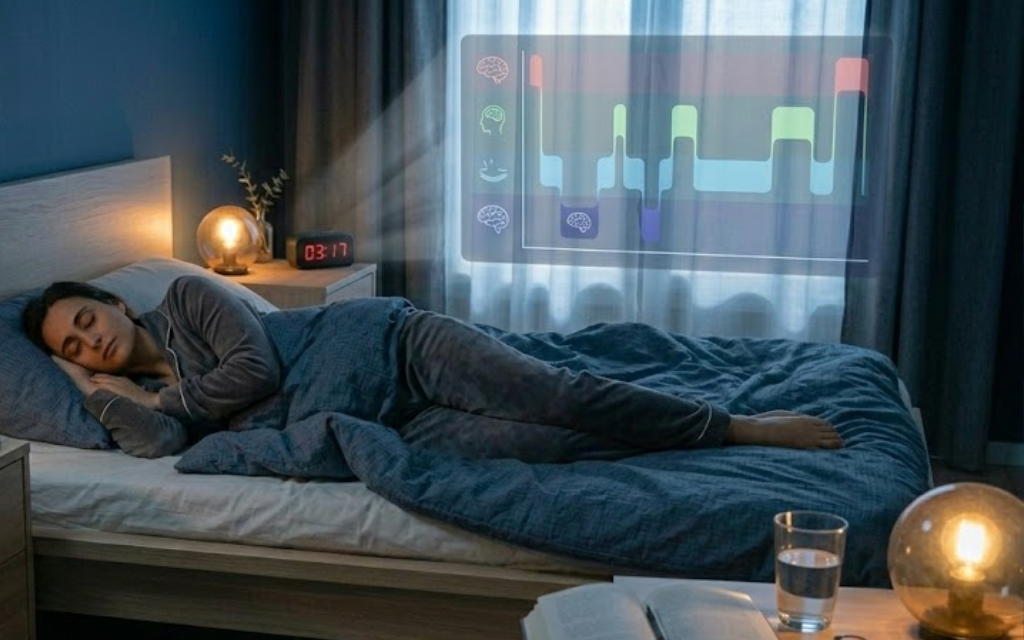 Vrouw die slaap en een afbeelding wat uitlegt welke soorten slapen er zijn