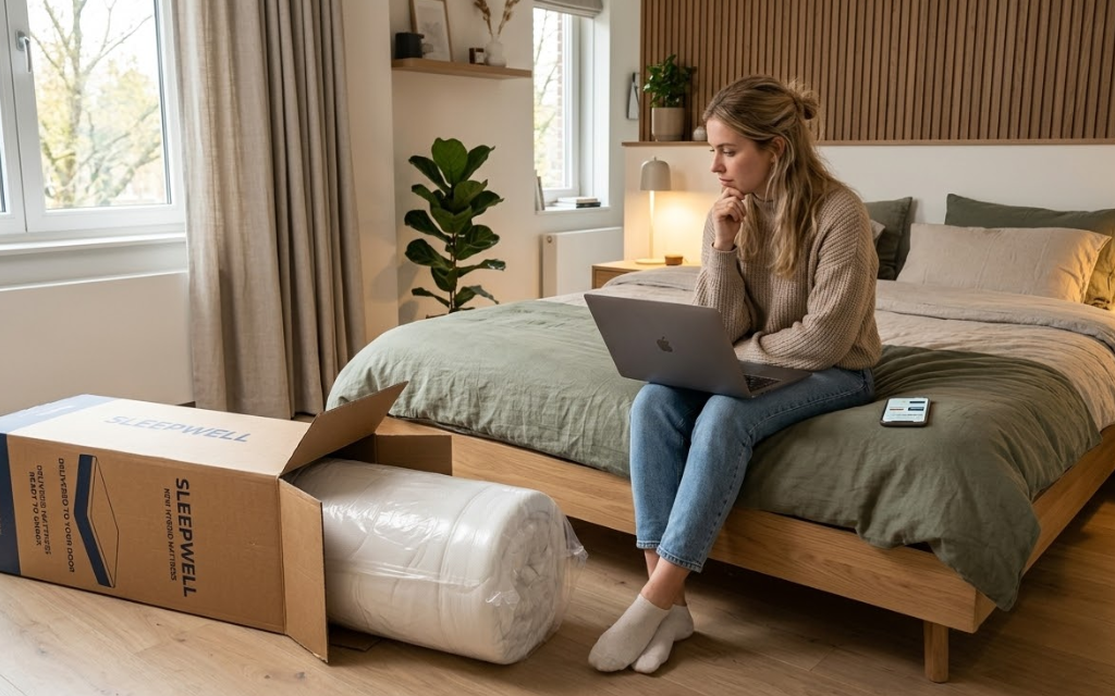 Vrouw zit op bed met laptop op schoot