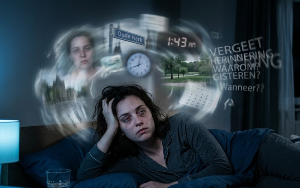 Vrouw die wakker ligt met dagelijkse bezigheden aan haar hoofd