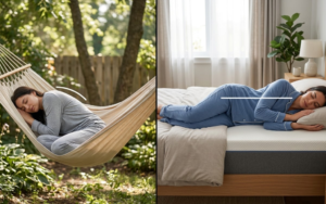 Vrouw ligt te slapen in een hangmat en bed