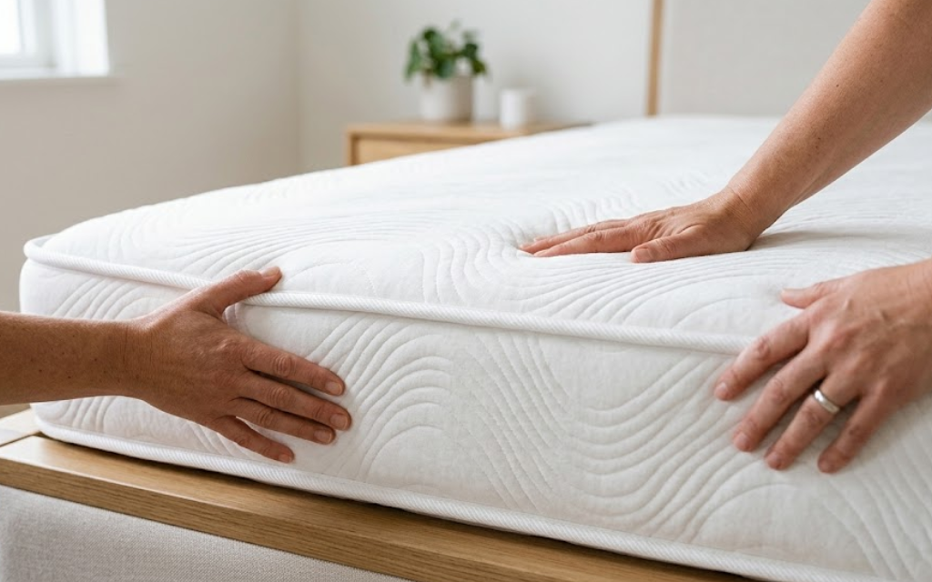 3 handen die een matras aanraken