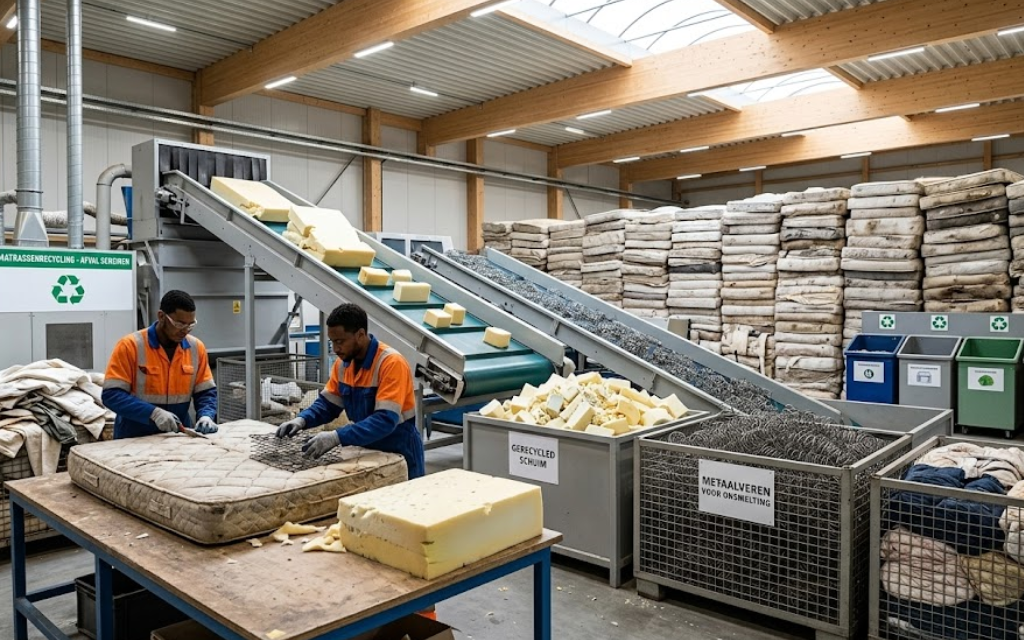 twee personen die in een fabriek matrassen recyclen