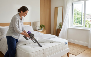 vrouw maakt matras schoon