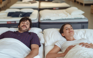 Man en vrouw die matrassen testen