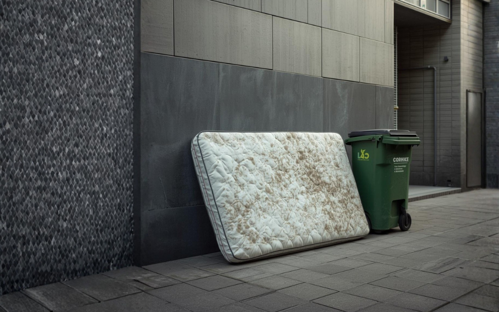 Een matras naast een vuilnisbak