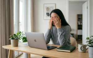 Vrouw met hand voor haar ogen