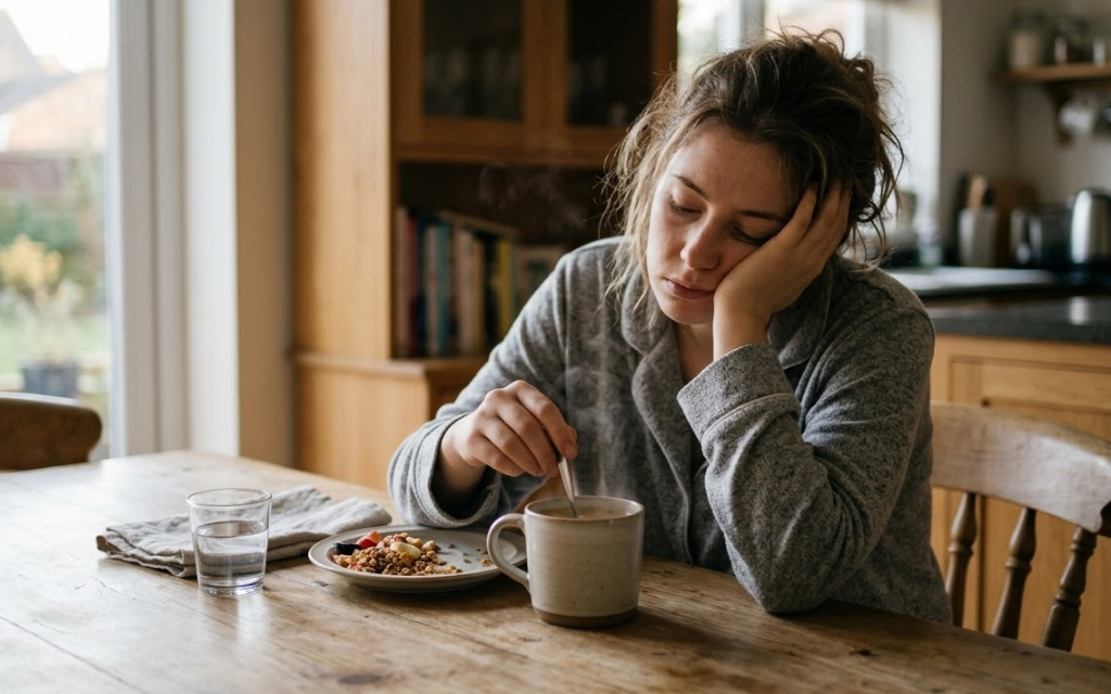 Vrouw die vermoeid wakker wordt