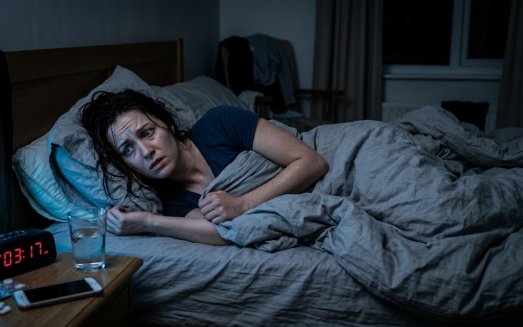 Vrouw schrikt wakker vanuit een nachtmerrie