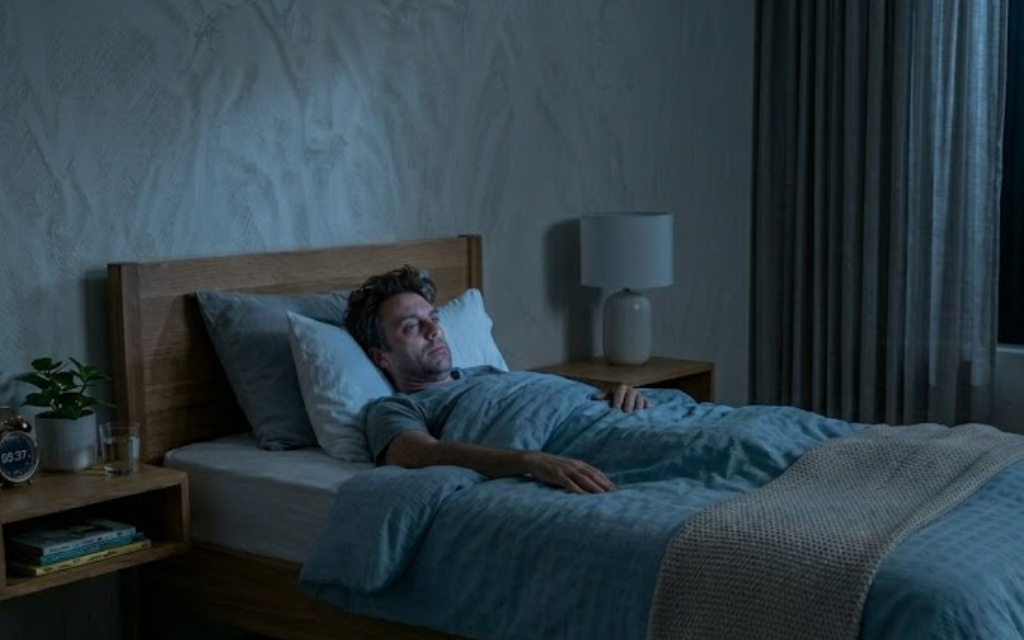 Man ligt in bed met ogen open