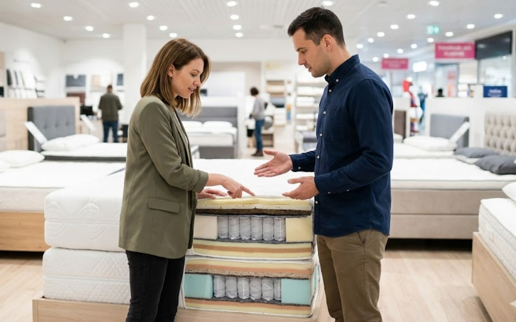 2 personen die een matras uitkiezen