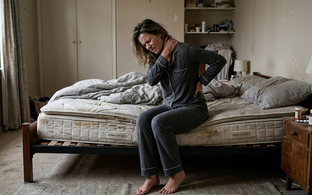 Vrouw die last heeft van haar rug op een oud matras