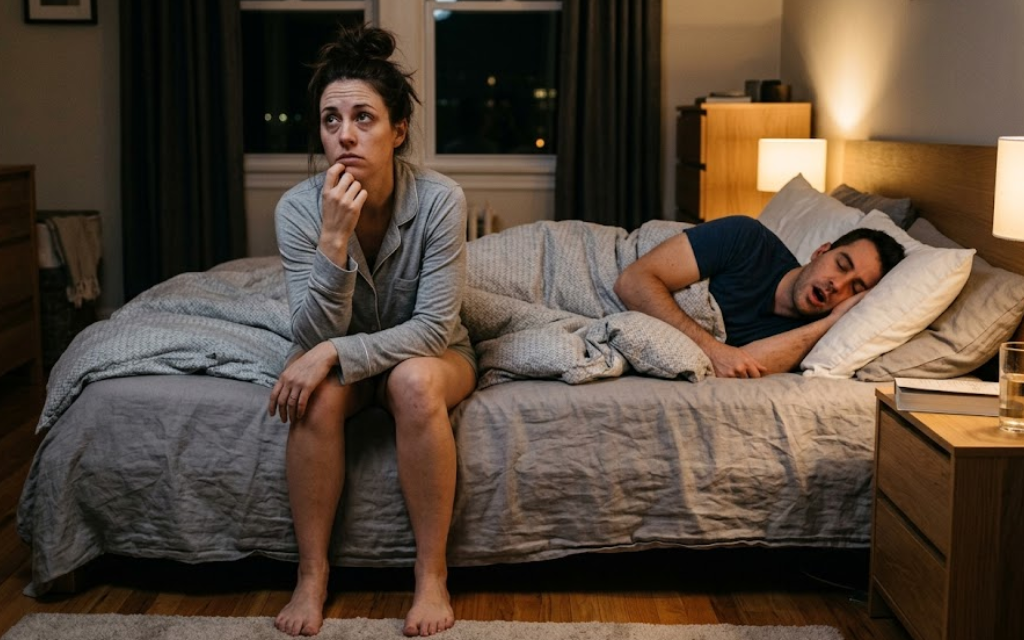 Vrouw zit op hoek van bed en kan niet slapen door man