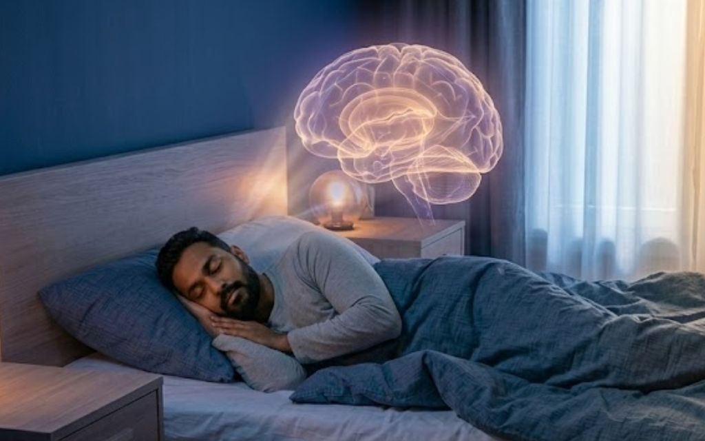Man die ligt te slapen met hersenen uitgebeeld