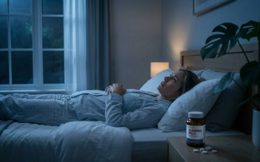 Vrouw ligt in bed met naast haar een potje met slaappillen