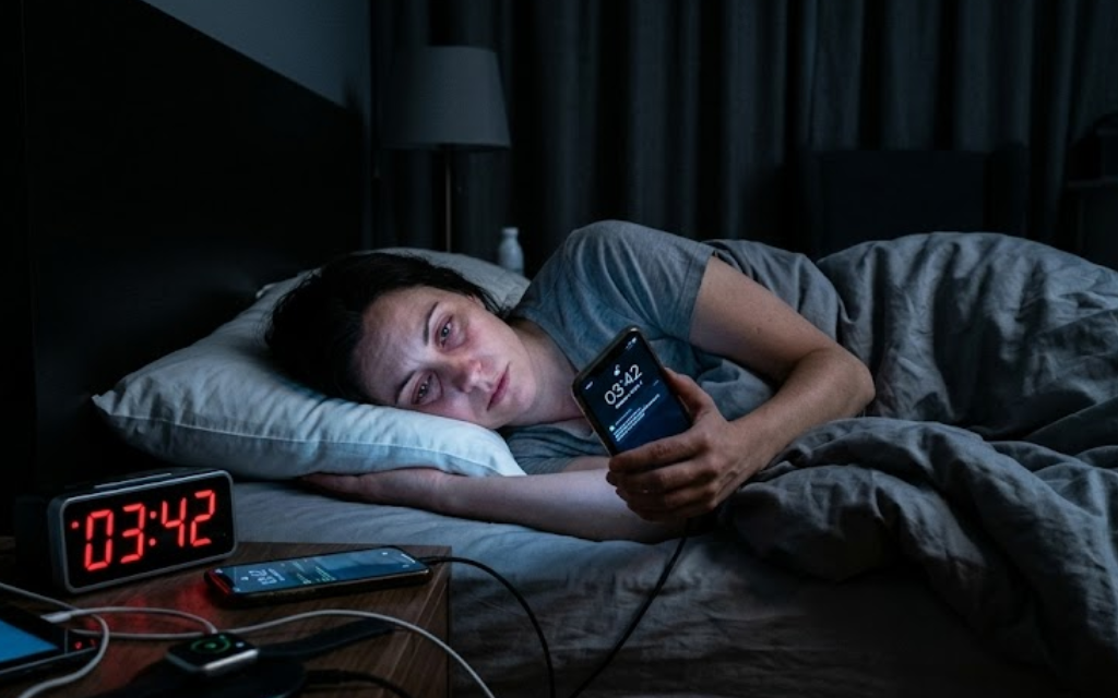 Vrouw kijkt naar haar telefoon om 03:43 in bed