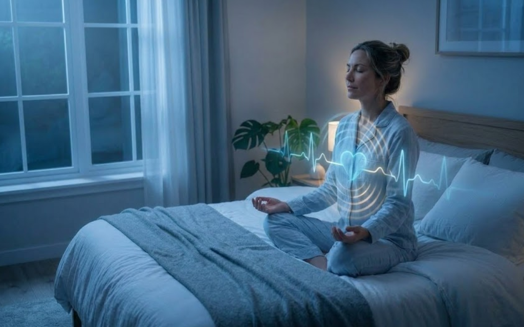 Vrouw mediteerd in bed