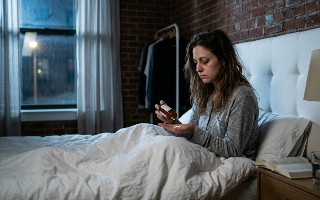 vrouw die probeerd pillen in te nemen in bed