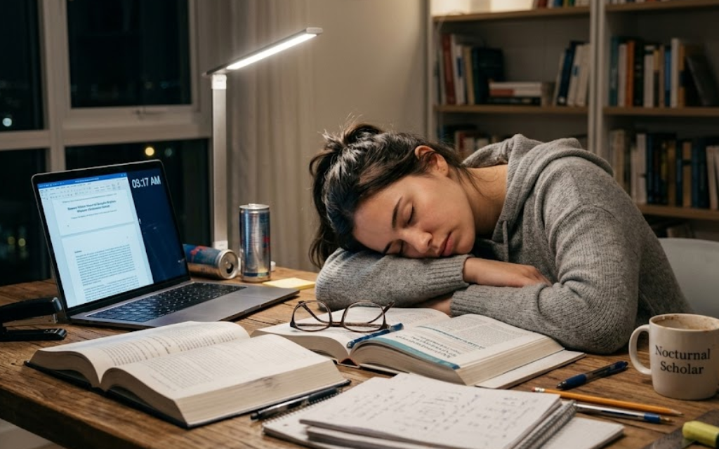Student dat ligt te slapen achter het bureau