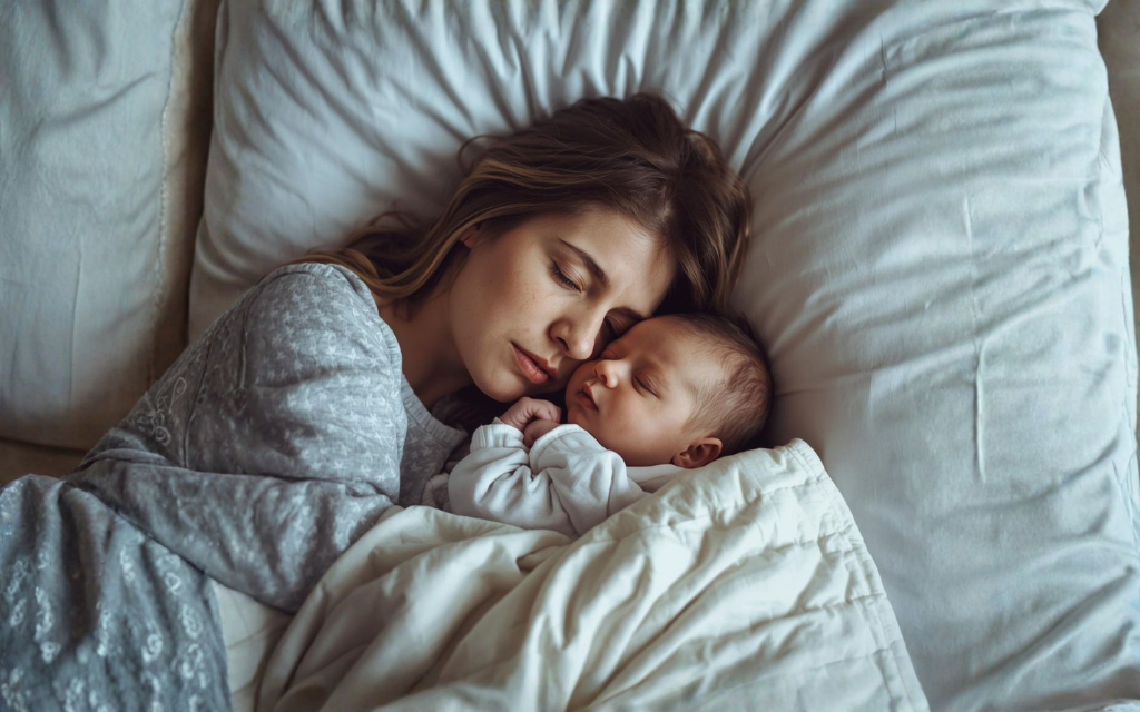 Moeder en kind liggen samen in bed