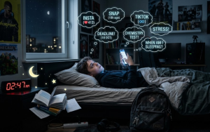jonge jongen ligt in bed en kijkt op social media