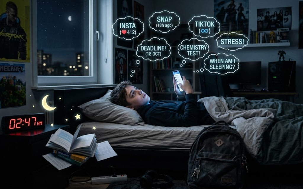 jonge jongen ligt in bed en kijkt op social media